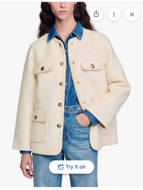 Sandro Jackets & Blazers - Sandro Cream Boxy Tweed Trim Jacket with Gold-Tone Buttons